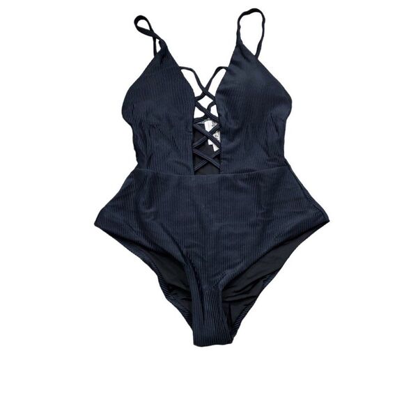 Dippin' Daisy's Bliss One Piece Swimsuit Black Ribbed Small Criss Cross Front - Picture 2 of 7